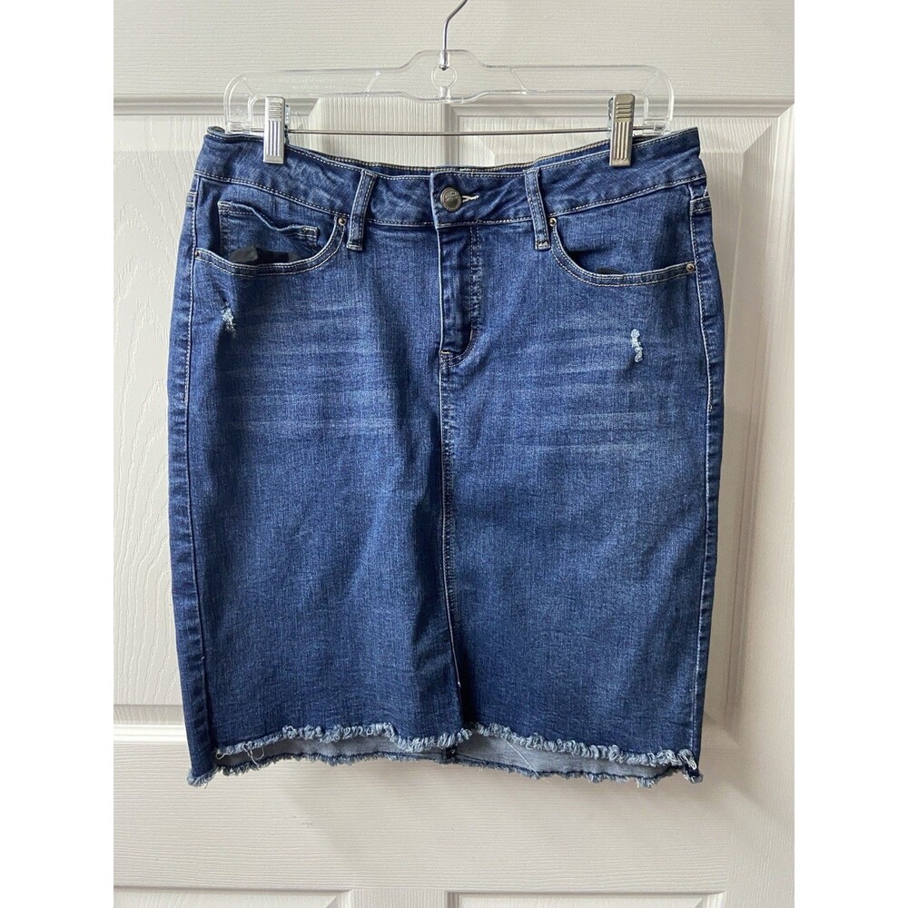 Royalty Midrise Raw Hem Denim Skirt Pencil Womens 12 5 Pocket Distressed Stretch